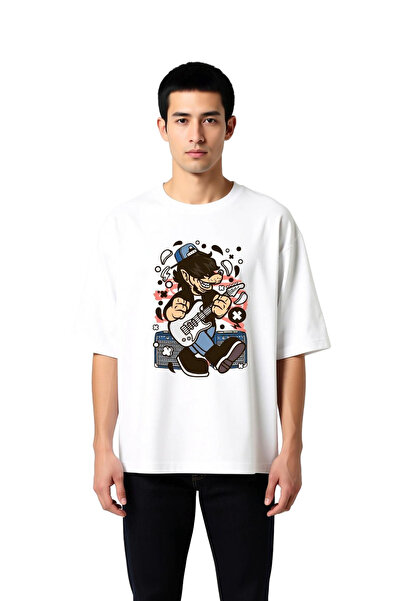 PayBuy Men's Oversized T-Shirt Electric Guitar Playing Wolf Print Music Art D...