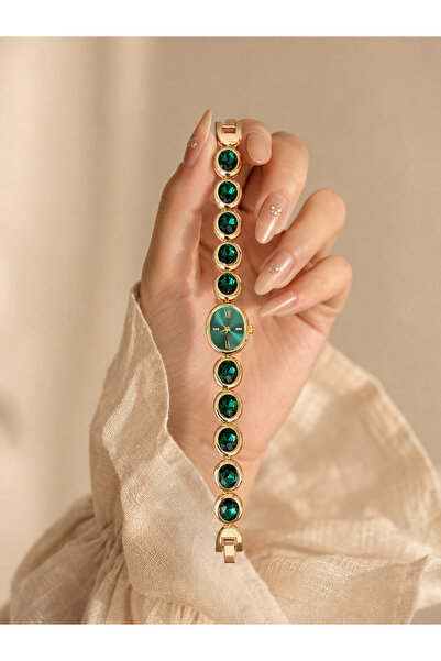 Generic Brand Women's Green Stone Bracelet Watch Gold Color Metal Cord Emeral...