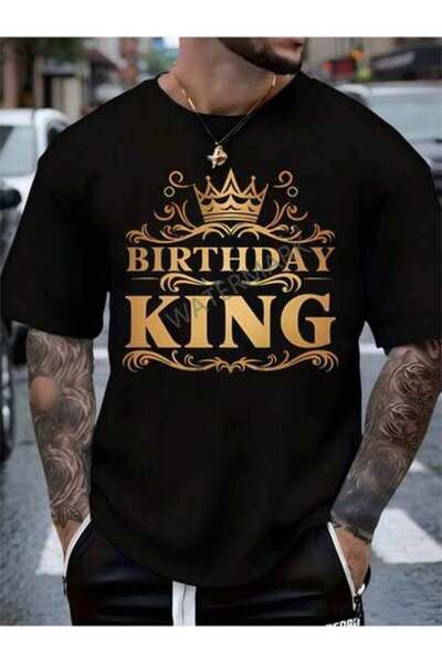 21JNRY Men's "Birthday King"Graphic T-Shirt-Black Cotton Knit With Golden Cro...