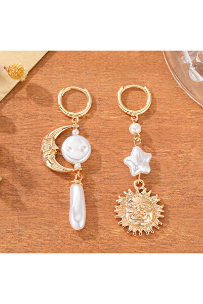 Choice Gold-color Luxury Vintage Style Sun Moon Asymmetric Faux Pearl Women D...