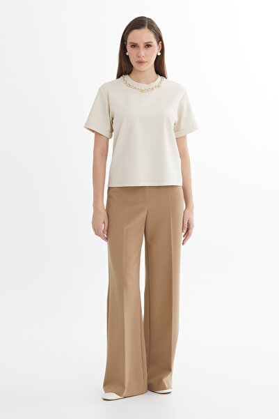 GİZİA Oversize Taş İşlemeli Bej T-Shirt