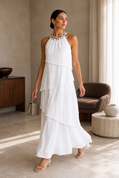 1434 Polo State Women's White Stone and Bead Embellished Halter Neck Asymmetr...