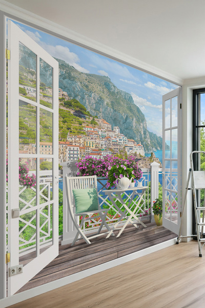 dreamwall Açık Balkon, Çay Masası, Amalfi Sahili ve Deniz ManzaralıTek Parça ...