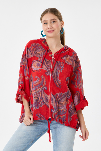 della moor Red Italian Shawl Pattern Hooded Zippered Oversize Jacket Blouse 3...