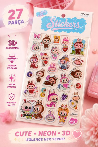 Dpartstore 27’li 3D Kabartmalı Sticker Seti Neon Efektli Parlak EVA Puffy Çık...