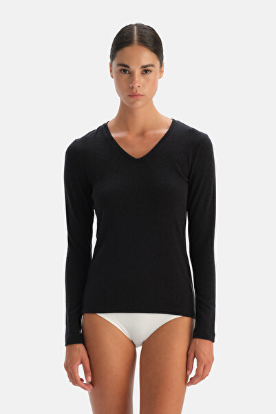 Dagi Black Modal Wool V-Neck Long Sleeve Top