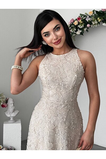 Moda Days Women's Ecru Midi Dress Sleeveless Round Neck Floral Patterned Lace...