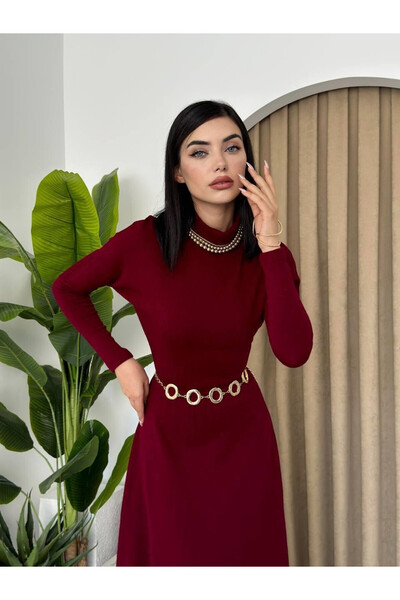 Moda Days Γυναικείο μπορντό φόρεμα με ζιβάγκο, μακρύ μανίκι, ελαστική μέση κα...