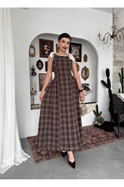 Moda Days Rochie midi de damă, maro, în carouri, cu fundă, cu umeri, decolteu...