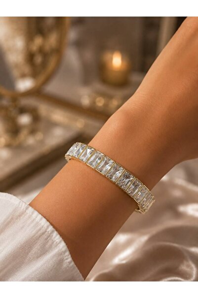 AURA ATELİER MODA Aura Gold Color Baguette Stone Flexible Bracelet Elegant Wo...