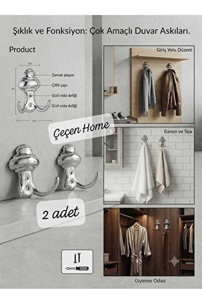 ÇEÇEN HOME Κρεμάστρα τοίχου πολλαπλών χρήσεων από χρώμιο - Διπλή κρεμάστρα απ...