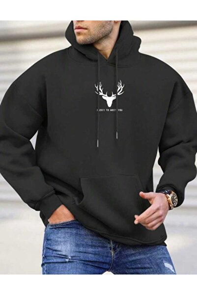 JENOLAN Meet You Printed Men's Hooded Kangaroo Pocket Unisex Oversize Sweatshirt