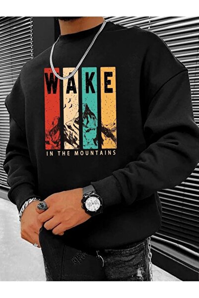 JENOLAN Men's Wake Printed Black Crew Neck Unisex Oversize Sweatshirt