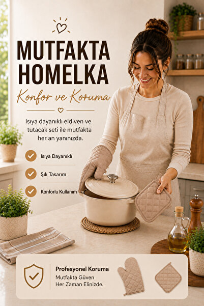 HOMELKA Fırın Eldiveni ve Tutacak Seti Kahve Renk Isıya Dayanıklı Kaymaz Kapi...