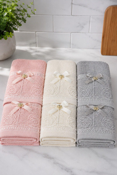İz Home 6lı Fiyonk Dantel Detaylı Kutulu Mutfak Havlusu Seti | %100 Pamuk | 30x50 CM | Hediyelik - Çeyizlik | Pembe Bej Gri | Orkidem