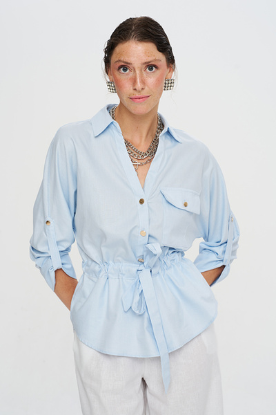 Orfeo Negro Women's Draped Solid Color Shirt with Drawstring Waist and Foldab...
