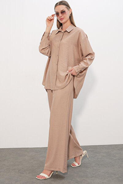 Bigdart Women's Textured Shirt and Trousers Two-Piece Set 6710 - A.Beige