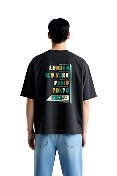 PayBuy Men's Oversize World Cities Printed T-Shirt with Colorful Text Detail,...