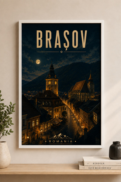 Miutic Print Studio Tablou decorativ Brașov noaptea, stil vintage, înrămat