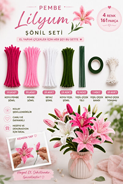 ASL ArtPaper Pembe Lilyum Çiçeği Yapım Seti Şönil Seti 161 Parça DIY Hobi El ...