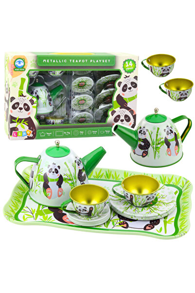LEAN Toys 14-Piece Metallic Tea Set, Panda and Bamboo Theme, Green, 3 years+