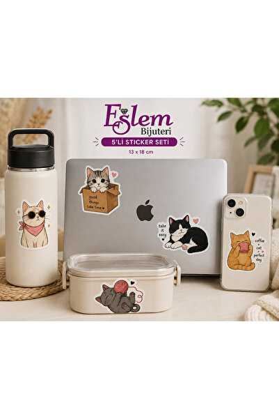 eslem bijuteri Cat Sticker Set – 5-Piece Waterproof Vinyl Stickers |   Laptop...