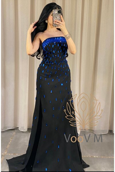 VOOVM Crepe Dress Without Sleeves, Long Luxurious Crystal Top