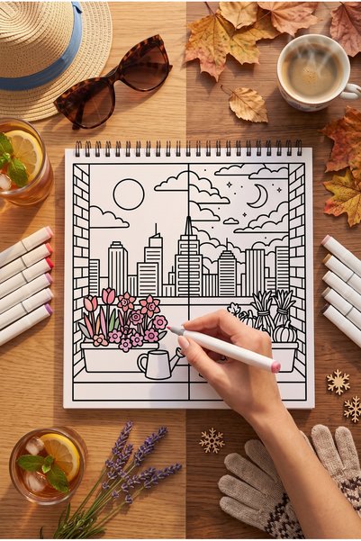 M&H Coloring كتاب تلوين مواسم السنة - كتاب تلوين مقاس 21x21 سم / للأطفال والكبار / مهدئ للعقل / هواية / مزيل للتوتر / صفحات تلوين ممتعة