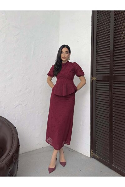 Clothes Fast Women's Burgundy - Bordo Midi Dress High Neck Balloon Sleeve Flounce Floral Patterned Chiffon