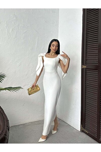 Moda Days Women's White Maxi Length Square Neck Bow Shoulder Detail Slim Fit ...
