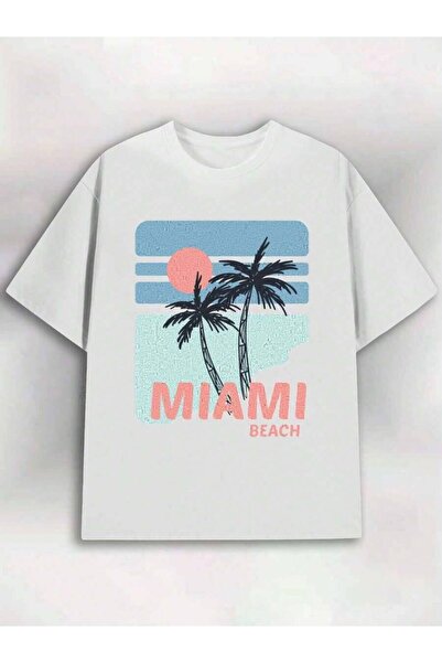 25W Men's White Crew Neck-Shirt, Printed Miami Beach Tree Pattern, Summer Act...