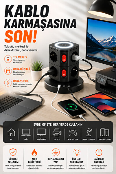 Merwish Akım Korumalı Kule Priz, 3680W 16A, 8 Topraklamalı AC Priz, 1 USB-A, 2 Type-C, Üst LED Aydınlatmalı Masaüstü Çoklu Priz