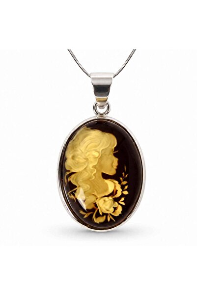 craftmystic 925 silver necklace with a female cameo of green amber - elegance...