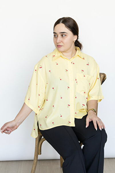 LINELLE Yellow Cherry Print Drop Shoulder Shirt