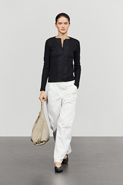 Massimo Dutti Pamuk karışımlı, düğme detaylı yaka t-shirt