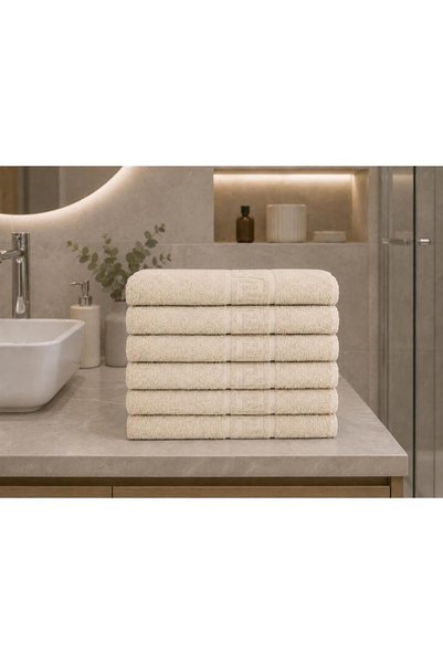S&R 6 Pieces Greek Pattern Bath Towel Shower Hammam Sauna Towel 70X140 cm Cream 500 Grams Hotel Collection