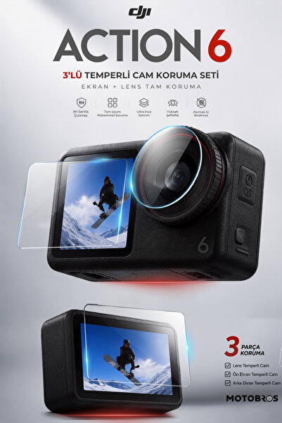 Motobros DJI Osmo Action 6 Uyumlu 3’lü Temperli Cam Koruyucu Seti Ön Arka Ekr...