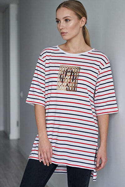 OEM Tricou supradimensionat de damă cu dungi și imprimeu frontal, TG-45