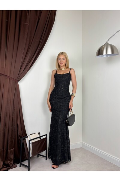 Moda Days Rochie maxi de damă, neagră, cu bretele subțiri, cu dantelă brodată...