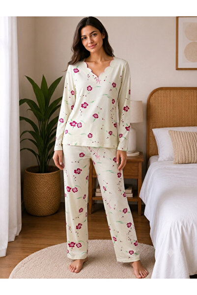 BALİS PİJAMA Women's Plus Size Floral Patterned Long Sleeve Pajama Set with E...