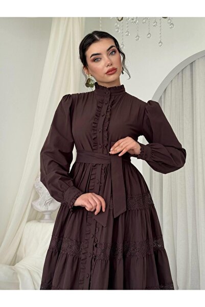 Moda Days Women's Coffee Color Midi Dress with Stand Collar, Ruffle Detail, B...