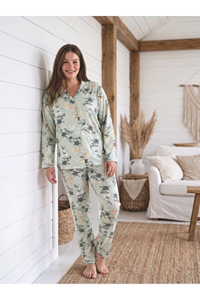 BALİS PİJAMA Women's Small Floral Patterned Plus Size Buttoned Pajama Set Lon...