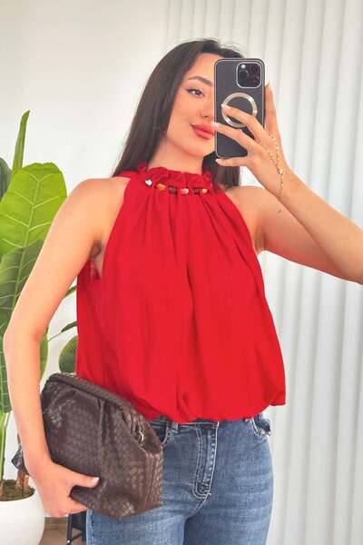 Clothes Fast Bluză de damă, roșie, cu mărgele, cu decolteu halter, cu croială...
