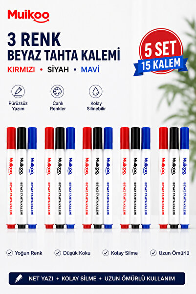 5 Paket 3'lü Beyaz Tahta Kalemi Seti - Kırmızı, Mavi, Siyah