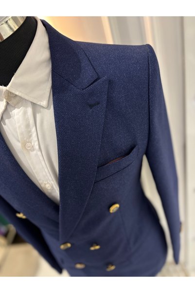 SABRİ ZENGİN Men's Indigo Slim Fit Double Breasted Blazer Jacket