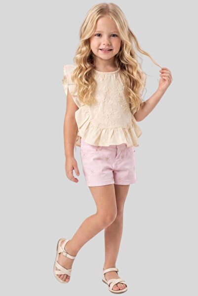 ww waka waka kids store Girl's Cream Lipstick Embroidered Blouse and Star Emb...
