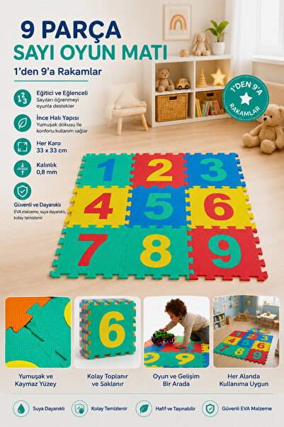LİGROUND 9 Parça EVA Sayı Oyun Matı 1-9 Rakamlı 33x33cm İnce Puzzle Yer Matı ...