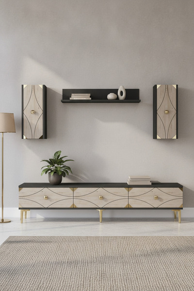 zetuna home TVR1897ATG TV ÜNİTESİ TAKIMI ANTRASİT - TRAVERTEN - GOLD 180 CM