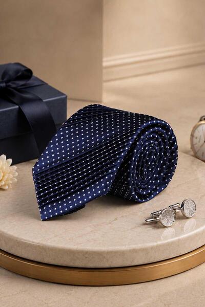 Kravatkolik Navy Blue Polka Dot Pattern Italian Silk Pleated Tie Est239