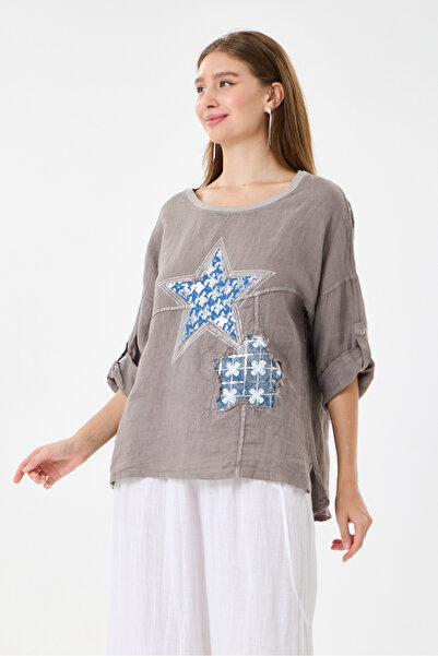 della moor Mink Italian 100% Linen Star and Flower Pattern Patched Foldable S...
